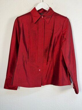 Tracy M Shirt Womens Red Shimmer 100% Silk Pleated Tuxedo Blouse Button Down XL